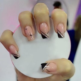 Short Square Press on Nails with Black Line Design French Tip Fake Nails Star Glue on Nails Reusable Artificial Acrylic Full Cover Stick on Nails Glossy False Nails for Women Girls Manicure 24Pcs