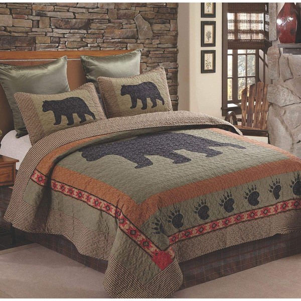 Quilt Bedding Set in Full/Queen by Virah Bella - Bear and Paw Printed Lightweight Reversible Quilt with 2 Matching Pillow Shams - Cozy & Beautiful Lodge-Themed Bedding