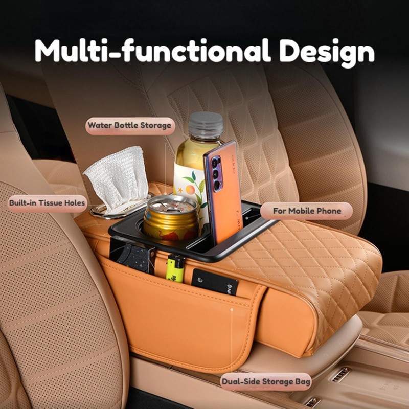 TNDCKP Car Center Console Pad Leather Armrest Pad w/Cup Holder,