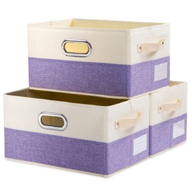 PRANDOM Large Fodable Storage Bins for Closet [3-Pack] Decorative Fabric Storage Baskets Cubes with Leather/Metal Handles for Shelves Bedroom Living Room Purple&Cream (14.9x9.8x8.3 Inch)