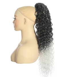 BALINGHAIR Deep Wave Ponytail Extension for Women 12 Inch Black to Gray Curly Wavy Ponytail Hair Extensions Drawstring with Clips Short Synthetic Hairpiece for Daily and Party