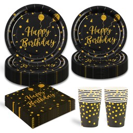 96 Pieces Black and Gold Party Tableware, Happy Birthday Black Gold Birthday Party Tableware Cups Napkin Paper Plates Set for Girls Children Table Decoration 24 Guests
