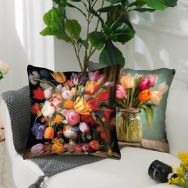 Tucocoo Decorative Cushion Covers with Tulip Vase 45 x 45 cm, Set of 4, Retro Bloom, Colorful Vintage Flowers, Modern Decoration for Couch, Bed, Car, Patio, Furniture, Bench, Sofa, Cushion Cover