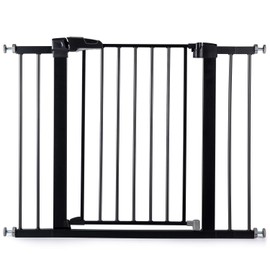 BABELIO 26-40 Inch Easy Install Extra Wide Pressure Mounted Metal Baby Gate, No Drilling, No Tools Required, with Wall Protectors and Extenders (Black)