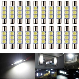 Alopee - 20-Pack 50 Lumens Xenon White 28MM(1.1") - 31MM(1.25") 12V LED Festoon Light 5050 3-SMD Sun Visor Vanity Mirror LED Bulbs for Vehicle 6615F 6614F 3021 3022 3175 T-2 SF6/6 (White)