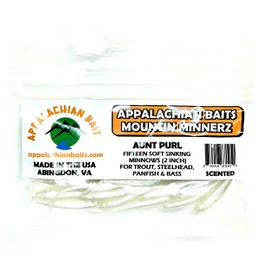 Appalachian Baits Aunt Purl Split Tail Mountin Minnerz, 2" Soft Sinking Fishing Bait Minnows, Scented, (Trout, Steelhead, Panfish), (15 Count)