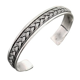 VN Jewelry Men's Silver Bracelet Bangle Open Cuff Braided Details - Made From Solid 925 Sterling Silver