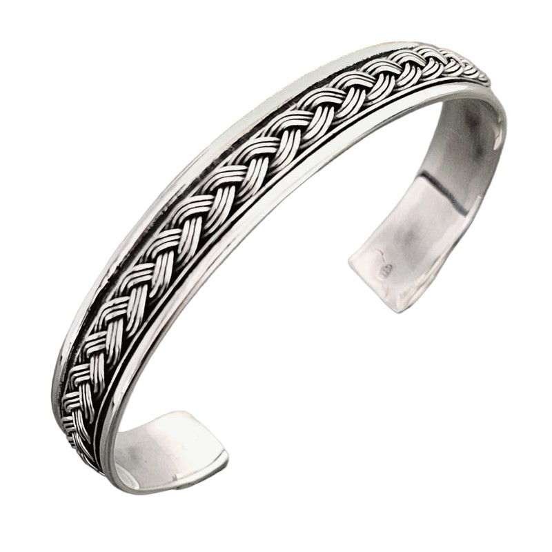 VN Jewelry Men's Silver Bracelet Bangle Open Cuff Braided Details
