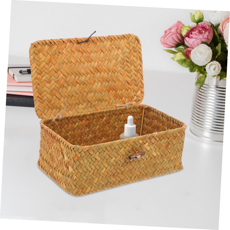 ABOOFAN Straw Woven Basket with Lid Small Sundries Storage Box