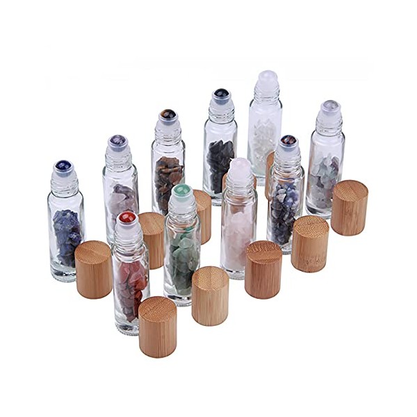 MrMrKura 10ml Roller Bottles for Essential Oils with Crystal Chips, Gemstone Roller Balls, Glass Roll On Bottles Perfume Travel Sample Bottles 10 PCs (Bamboo Lids)