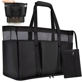 TEUEN Large Beach Bag with Zipper, 12 Pockets Waterproof Sandproof Pool Bag Womens Mesh Beach Tote Bag for Travel Vacation