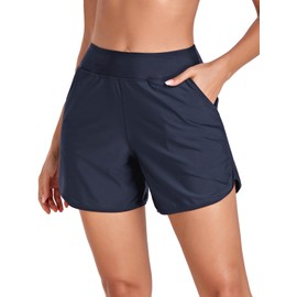 RELLECIGA Women's Navy Blue High Waisted Swim Shorts with Pockets UV Sun Protection Board Shorts for Women Size Medium
