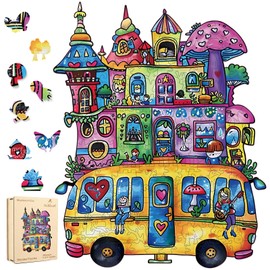 Wooden Jigsaw Puzzles for Adults Mushroom Bus 500 Pieces with Unique Irregular Shape Fun Challenging Puzzles for Kids and Couples on Birthday,Children’s Day,Christmas (16.5"*16.5")
