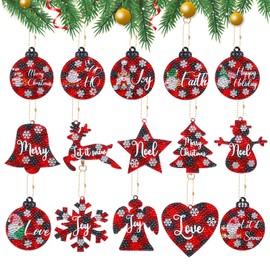 15 Pieces Christmas Diamond Painting Keychain Kit Red Christmas Baubles 5D DIY Diamond Art Key Chain Snowflake Bell Mosaic Diamond Pendant Full Drill Rhinestone Painting Key Chains for Kids Adults
