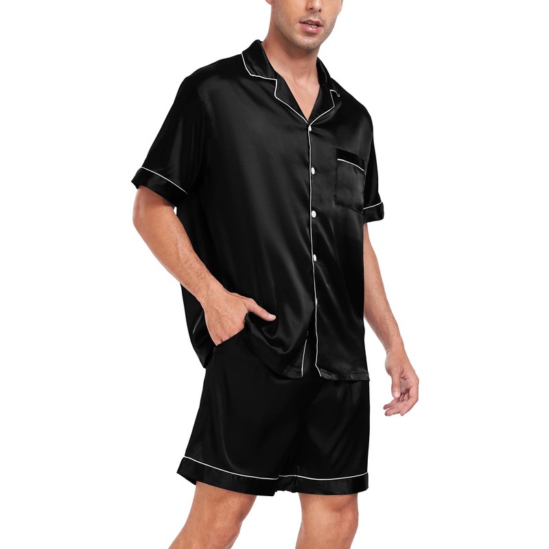 SWOMOG Men Satin Silk Pajamas Sets Short Sleeve Sleepwear Button-Down