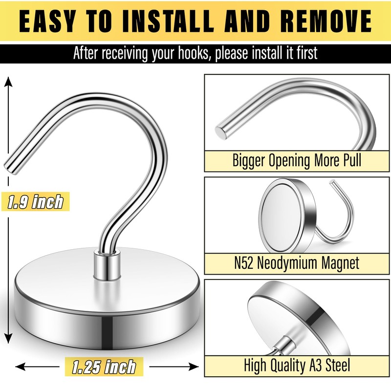 FINDMAG Pack of 6 Extra Strong Magnetic Hooks, Silver, 100