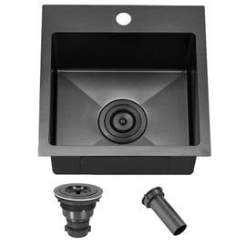 Comllen 15”x15” Black Drop In Bar Sink, Stainless Steel Small Kitchen Sink Single Bowl, Gunmetal Black Sinks for Outdoor Wet Bar Prep RV Yard Office Laundry Utility with Strainer Drain