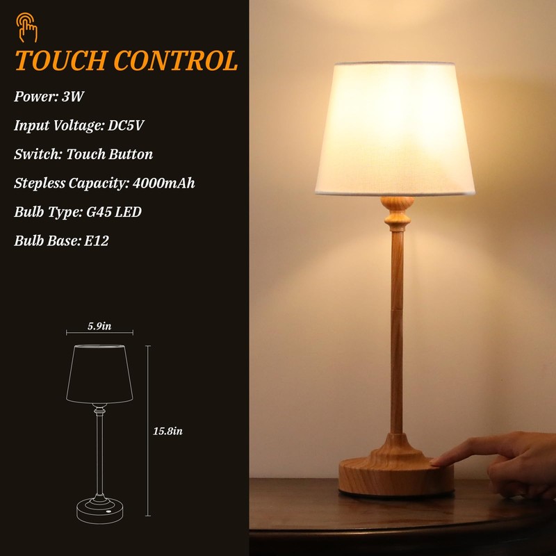 Kakanuo Cordless Table Lamps Rechargeable Set - 2 Pack Wooden
