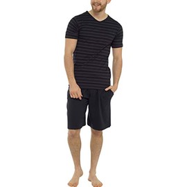 Tom Franks Mens Striped Cotton Jersey T Shirt & Short Pyjamas Black & Grey Marl X-Large