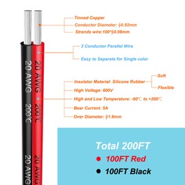 20awg Silicone Electrical Wire 2 Conductor Parallel Wire line 200ft [Black 100ft Red 100ft] 20 Gauge Soft and Flexible Hook Up Oxygen Free Strands Tinned Copper Wire