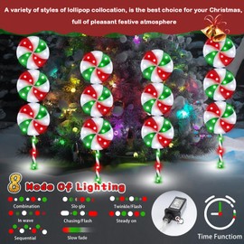 Kenburg 37.5 Inch Giant Lollipop Christmas Lights Outdoor Decoration, 2 Pcs Plastic Peppermint Candy Cane Lights 8 Modes Waterproof, Pathway Lights for Porch Walkway Yard Signs - Red Green White