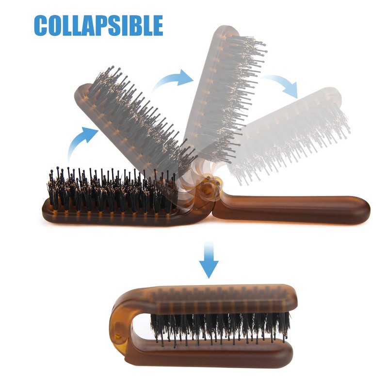 Travel Folding Hair Brush, Collapsable Portable Pocket Boar Bristle Hair
