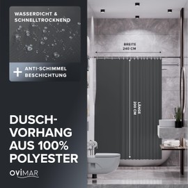 ovimar Elgafossen Magnetic Shower Curtain, Grey, Washable, Quick-Drying, Anti-Mould Shower Curtain, 240 x 200 cm, Opaque Curtain for Bath or Shower