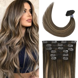 UGOTRAYS Mushroom Brown Hair Extensions Real Human Hair Ombre Medium Brown Fading to Caramel Blonde Balayage 20inches 70g Highlights 100% Human Hair Natural Straight Woman Beauty Clip ins