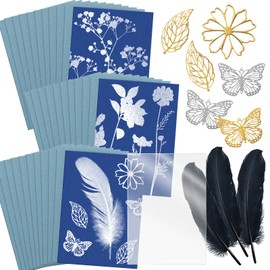 SNAIL GARDEN Sunprint Paper Kit, 30 Sheets A5 Cyanotype Paper with 1 Acrylic Panel, Sun Sensitive Paper with 6Pcs Plant Paper Cuttings & 3Pcs Feathers for DIY, Nature Sun Printing Kit for Kids Adults