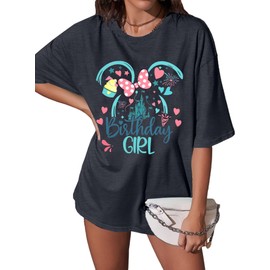 Birthday Shirt Magic Kingdom T-Shirt: Women Oversized Magical Castle Birthday Graphic Tees Funny Birthday Party Gift Tops Dark Grey