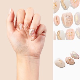 Sun&Beam Nails Handmade Nail Tip, Short, Coffin Ballerina, False Claws, Beige, White, Gold, 3D Design, Stylish, False Nails, Pack of 10 (#131 M)