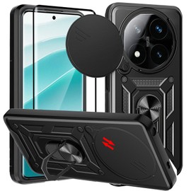 KZIOACSH Case for Redmi Note 14 Pro Plus 5G/Redmi Note 14 Pro+ 5G, Slide Camera Lens Hard PC+Soft TPU Protective Cover Rotation Ring Kickstand Military Anti-Scratch Tough Shell with 1 Screen Protector