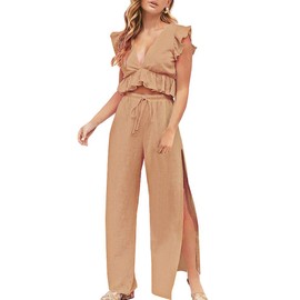 FANCYINN 2 Pieces Summer Outfits for Women Deep V Neck Crop Top Side Slit Drawstring Wide Leg Pants Sets Jumpsuits Khaki XL