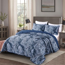 DJY Navy Paisley Quilt Set King Boho Bedspread Coverlet Set 3 Pieces, Soft Lightweight Microfiber Navy Blue Paisley Floral Pattern Bedding for All Season, 104"x90"