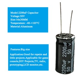 JIADONG 10Pcs 2200uF 50V Aluminum Electrolytic Capacitors, Round, Through-Hole Mount, 16mm x 30mm, -40C to +105C, Compatible with Arduino Kits