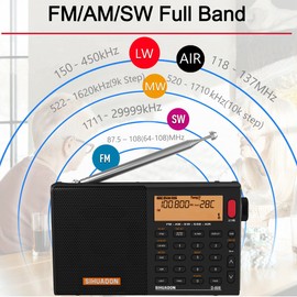 SIHUADON D808 Portable AM FM SW LW Air Band Radio SSB RDS Multi Band Radio Speaker with LCD Display Alarm Clock External Antenna(Black)