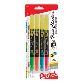 Pentel Twin Checker Dual-tip Highlighter, Chisel Tip, Assorted Colors, Pack of 4 (SLW8BP4M)