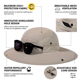 TOP-EX Summer Sun Hats for Men Women Wide Brim UPF50+ Waterproof Golf Breathable Boonie Bucket Hat Hiking Fishing Packable Ponytail Big Head Light Grey Large XL XXL