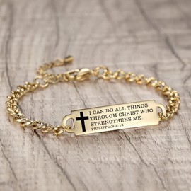 AOAMID Bible Verse Bracelet-Stainless Steel Faith Christian Bracelet for Women, Mantra Quotes Christian Gifts for Her (Gold,I can do all things through christ who…)