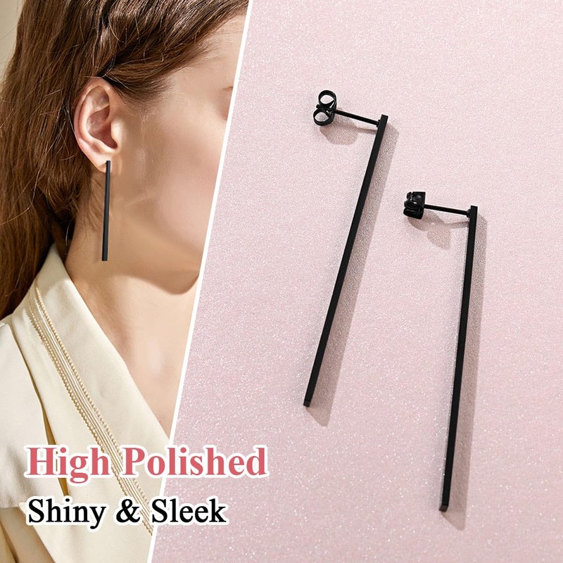Black Bar Earrings for Women, Thin Flat Geometric Stick Drop