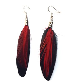 Black Feather Earrings with Red Feather - Handmade