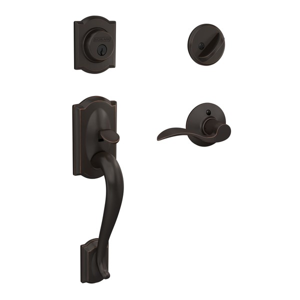 Schlage F60 V CAM 716 ACC Camelot Front Entry Handleset with Accent Lever, Deadbolt Keyed 1 Side, Aged Bronze
