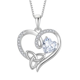 Inpasne Celtic Knot Necklace for Women 925 Sterling Silver Love Heart Diamond April Birthstone Necklace Trinity Knot Pendant Irish Good Luck Jewelry Gifts for Her