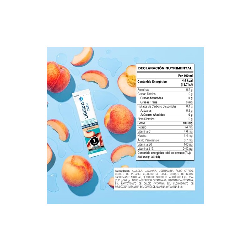 Liquid Zero Electrolitos Vitaminas Polvo Preparar Bebida Hidratante Sabor Durazno