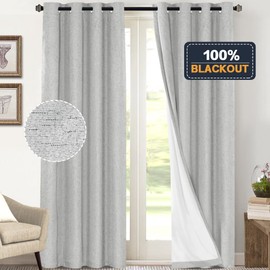 PrinceDeco Primitive Textured Linen 100% Blackout Curtains for Bedroom/Living Room Energy Saving Window Treatment Curtain Drapes, Burlap Fabric with White Liner (52 x 108 Inch, Glacier Gray)