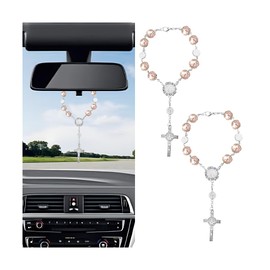 Zpana Rosary Cross Car Rearview Mirror Charm, 2PCS Hanging Vehicle Rear View Beads Pendant Decors, Religious Blessing Auto Interior Decoration Accessories, Universal for SUV RV Truck(Pink)