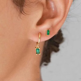 Small Gold Hoop Earrings With Green Drop, Gold Huggie Hoop Earrings For Women 14K Gold Hoops Hypoallergenic Jewelry For Men 2PCS