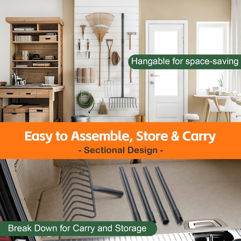 Rake for Leaves, 16.5" Wide 11 Tines Thatch Rake Heavy