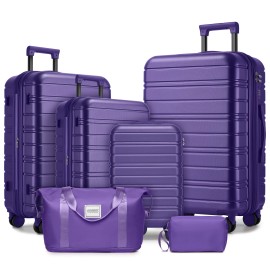 Sleek Hard Shell Black & Tan Luggage Sets - 6-Piece Spinner Suitcases with Matching Luggage Travel Bags for Business Travelluggage size: 18/20/24/28inch+2bags, color: Grape Purple