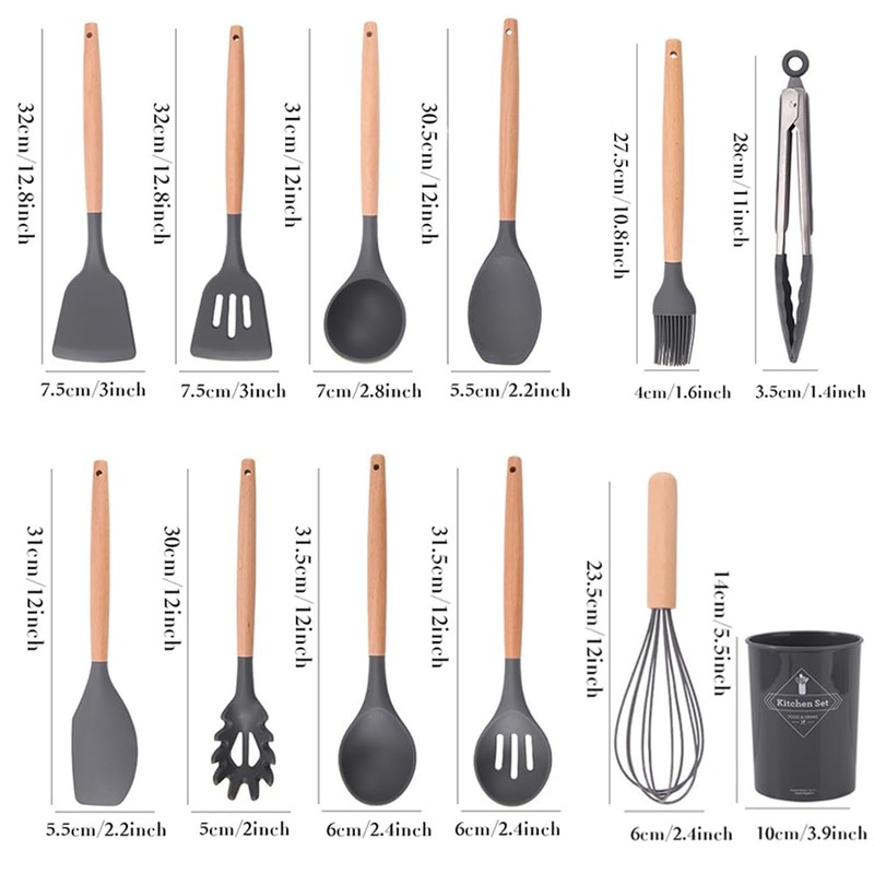 15-piece silicone wooden handle kitchen utensils set, kitchen gadgets (green
